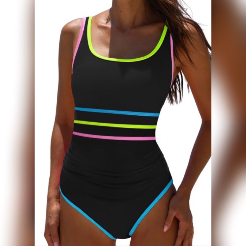 Women’s Black One-Piece Swimsuit with Neon Trim